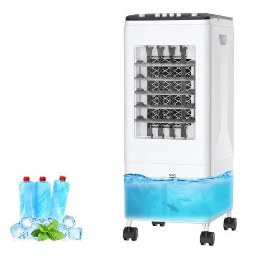 Climatiseur Mobile 3-en-1 avec Réservoir d'Eau 6L, 3 Blocs Réfrigérants, Rafraîchisseur d'Air, Ventilateur et Humidificateur, 60W Faible Consommation, 35dB Silencieux, Pour Maison et Bureau
