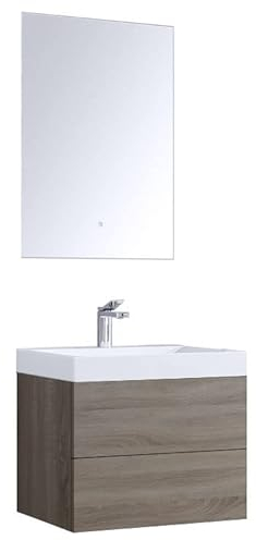 StoneArt Badmöbel-Set mit Mineralguss Waschbecken und Unterschrank und LED Spiegel Touch-Sensor Waschtisch als Einzel- oder Doppelwaschbecken Brugge BU-0601 Eiche hell 60cm