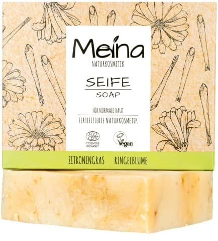 Meina Naturkosmetik - Naturseife mit Zitronengras, Kurkuma und Ringelblume, Bio Seife ohne Palmöl, Zertifiziert, Vegan, Nachhaltig, Handgemacht, Wie ein festes Duschgel - 100g