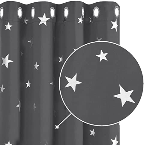 Deconovo Set of 2 Modern Silver Star Pattern Blackout Curtains for Living Room Thermal Insulated Interior Curtain with Eyelets for Kitchen, Bedroom, Dark Grey, 140 x 290 cm