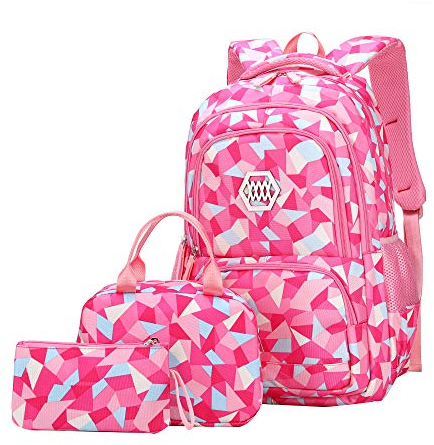 SellerFun Girl Geometric Printed Primary Junior High University School Bag Bookbag 3pcs Backpack Sets(2# Rose-3pcs,35L)