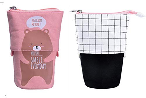 iSuperb 2PK Transformator Federmäppchen Mäppchen Karikatur Ständer Bleistifthalter Reißverschluss Einziehbarer Bleistiftetui Pencil Case Ständer Mädchen Kosmetiktasche Organizer(Braunbär/Plaid)