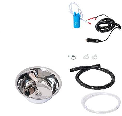 Edelstahl Spülbecken Camping Wohnmobil Reisemobil Spüle Waschbecken Boot Yacht 28 cm Ø integiert mit Wasserhahn 12V Barwig + Kabel 12v + Tauchpumpe 12v+ Frischwasserschlauch und Klemmen(ad-ideen)