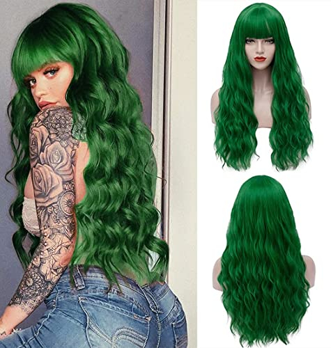 Perücke Grün für Damen, Lang Locken Cosplay Perücke mit Pony für Frauen Kinder Kostüm Party Fasching Halloween Wig DE010H