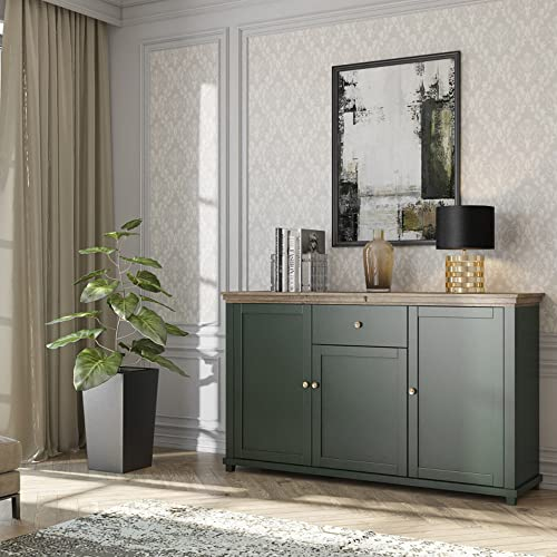 Lomadox Sideboard Landhaus Design in grün mit Lefkas Eiche Nb. Knopfgriffe messingfargen, B/H/T: ca. 160/93/42 cm