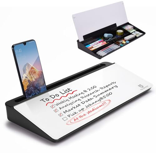 Small Glass Desktop Whiteboard Dry-Erase-Board - Computer Keyboard Stand White Board Surface Pad with Drawer, Desk Organizers with Accessories for Office, Home, School Supplies