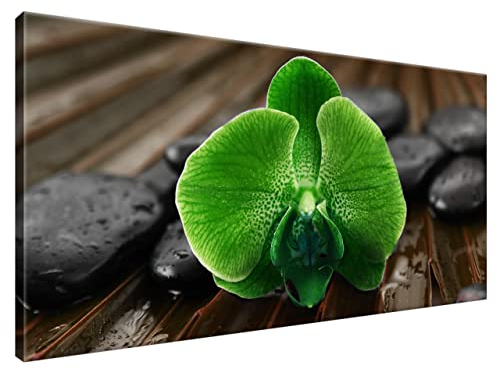 Estika® Leinwand bilder - Grüne Orchidee auf Bambusmatte - 115x55 cm, 1 teilige kunstdruck - Wandbilder wohnzimmer, schlafzimmer, Moderne wanddeko, Bild auf leinwand - SPA bilder - 1770A_1AE
