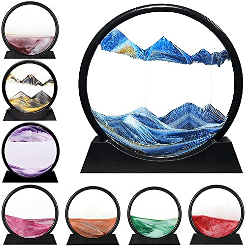 LINPING Peinture de Sable Qui coule, Image d'art de Sable en Mouvement Verre Rond 3D Paysage de Sable de la mer Profonde en Mouvement, décoration de la Maison Cadre de Sable Qui coule (Bleu, 7 Zoll)
