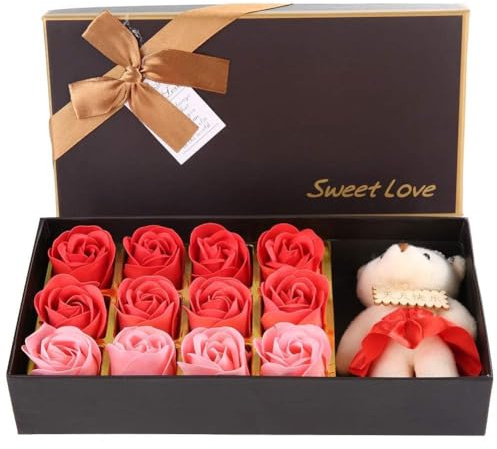 Cyrank 12 Rosa de Jabon Flor + Bonito Felpa Oso, Caja de Regalo de Flor de jabón de Rosa Artificial, romántico pétalo de Rosa Falsa para día de San Valentín,Aniversario, cumpleaños (Rojo)