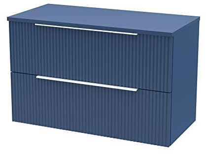 Hudson Reed DFF395W Fluted Modern Bathroom Wall Hung 2 Drawer Vanity Unit with Colour Match Worktop, 800mm, Satin Blue