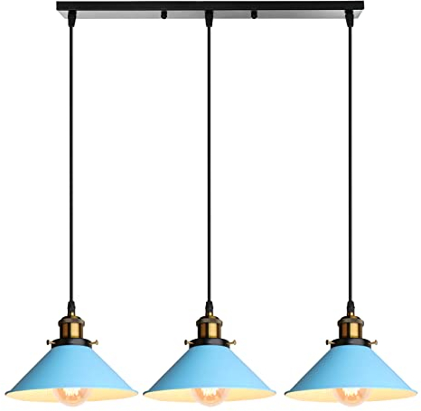 iDEGU 3 Luces Lámpara Colgante Vintage Lámpara de Techo Industrial Pantalla de Lámpara 22CM Diseño Retro Metal E27 Iluminación Colgante para para Comedor Cocina Salón Bar (Azul)