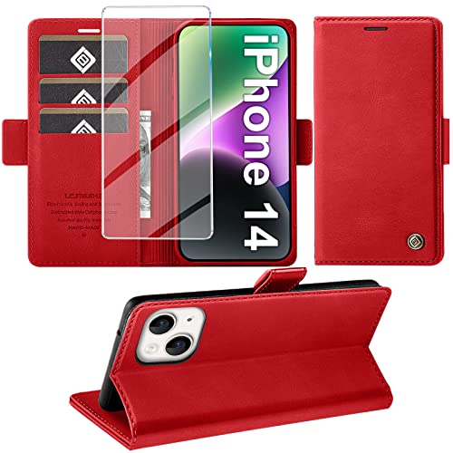 Giyer Handyhülle für iPhone 14 Hülle mit Schutzfolie, Standfunktion Kartenfach Wallet Premium Leder Schutzhülle für iPhone 14 5G 6.1 Zoll Flip Case Cover Stoßfeste Klapphülle (Rot)