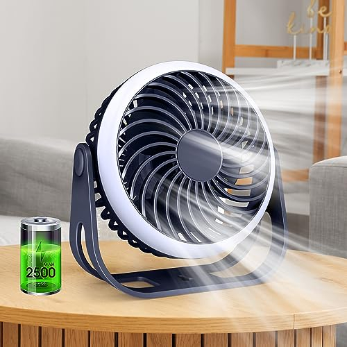 dovecina Ventilador silencioso, portátil, mini USB, giratorio 360°, ventilador de mesa LED,camping, con gancho, batería de 2500 mAh, para oficina, dormitorio, tienda de campaña, viajes(Lago azul)