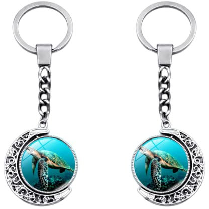 ZDHC 2 Stück Meerestier-Schlüsselanhänger, drehbar, doppelseitig, Glas, echte Meerestier-Szene, Schlüsselanhänger, Mondanhänger, Auto-Charms für Männer, Schildkröte 2, One size