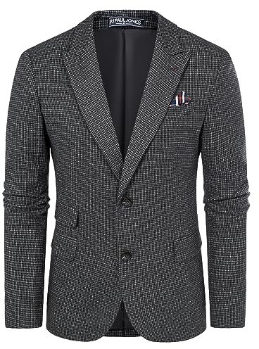 PJ PAUL JONES Men's Vintage Herringbone Tweed Blazers British Wool Blend Sport Coat Jacket, Black Houndstooth, XL