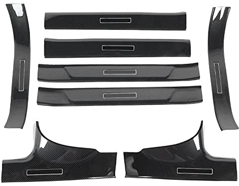 XTevu Door Sill Scuff Plates 8PCS, Carbon Fiber Style Kick Guard Covers, ABS Door Pedal Strip Compatible with Tesla Model 3 2016‑2020