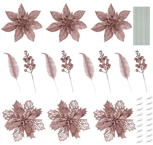 ilauke 30Pcs Christmas Glitter Artificial Poinsettia, Christmas Flowers Set, Christmas Tree Ornaments, Garland Wreath Decoration, Glitter Artificial Leaves and Berry Stems, Rose Gold