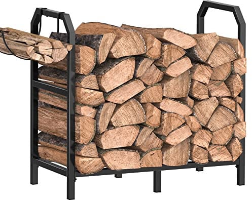 Mutool 25.6 Inch Metal Firewood Rack, Firewood Log Holder Indoor/Outdoor, Fireplace Wood Storage Shelf with Hooks, Black