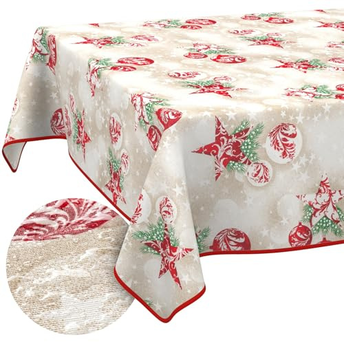 ANRO Tischdecke abwaschbar Weihnachtsmotiv Rot mit Saum 160x100 cm | mit Saum eingefasst – Gartentischdecke wetterfest – Tischwäsche aus beschichtetem Stoff – waschbar bei 30 °C