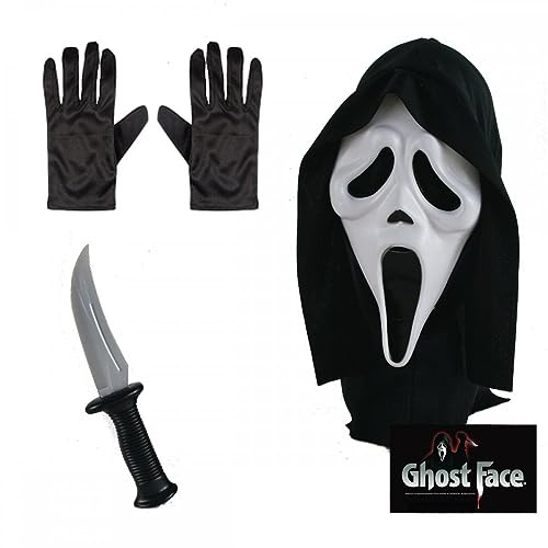 A2ZFD Official Scream/Ghost Face® Adult Mask with Hood & Horror Knife Set + Black Gloves : Mens Womens Halloween Horror Film Fancy Dress Accessory Set