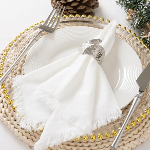 DeZerlor 12 Stück elfenbeinfarbene weiße Baumwoll-Leinen-Servietten mit Fransen, weiße Stoffservietten, Set mit 12 Stück, Boho, handgefertigte Tischservietten, Großpackung für Hochzeit, Brautparty