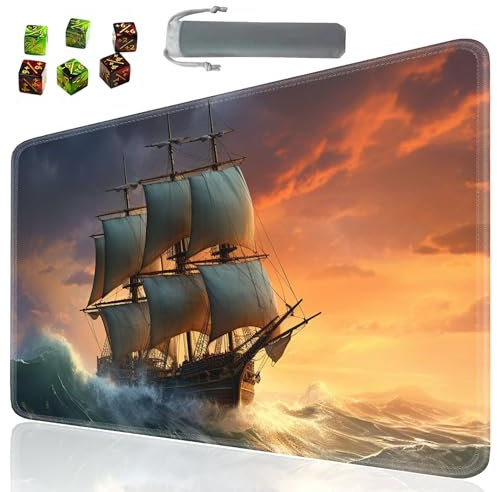 SOTWONSO Brettspiel TCG Playmat Tischmatten Spiele Größe 60 x 35 cm Mauspad kompatibel für MTG RPG CCG Sammelkartenspiel Spielmatten mit 6 Würfeln (Playmat 65) Piratenschiff
