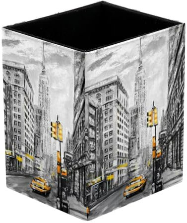 Pot à crayons carré pour bureau, rue New York taxi jaune ville américaine peinture à l'huile pot à stylos pot à pinceaux de maquillage support présentoir bureau papeterie organisateur pour la maison,