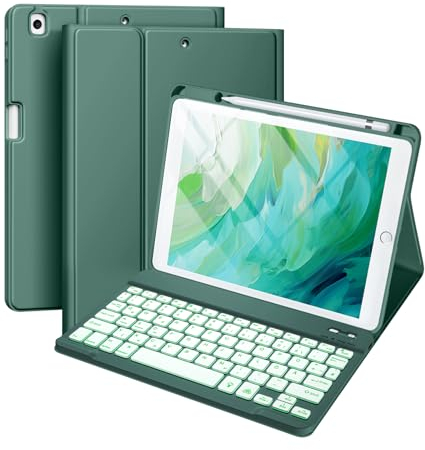 Vobafe Hülle mit Tastatur Kompatibel für iPad 9./ 8. /7. Generation 10.2 Zoll mit Stifthalter, Magnetisch 7 Farben Beleuchtung, Wiederaufladbar Abnehmbarer QWERTZ iPad Tastatur, Kieferngrün