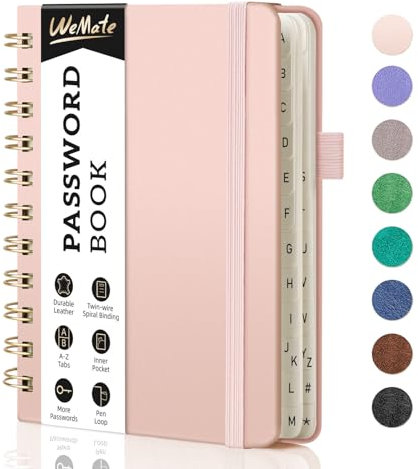 WEMATE Spiral Passwort buch mit alphabetischen Tabs, kleines Passwortbuch für Senioren, Internet-Passwort-Notizbuch Hardcover Passwort Manager Journal Logbuch A6 – 10.5 x 14.8 cm (Roségold)