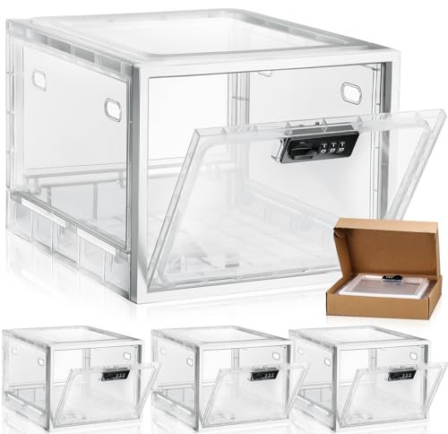 Yalikop 4 Pcs Large Medicine Lock Box Clear Lockable Medicine Storage Box for Safe Medication Refrigerator Food Transparent Organizer Bin Tablet Phone for Home Dorms Office Storage Lockers (White)