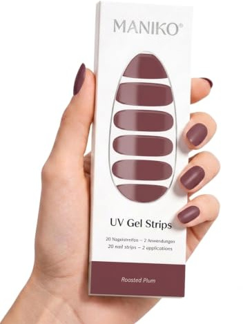 Maniko UV Gel Strips Roasted Plum Lila – 20 UV Nagelsticker, 2 Anwendungen | UV Nagellack zum Kleben, selbstklebende Nagelfolie für natürliche Nägel, vegan & langanhaltend – Geschenk zu Geburtstag