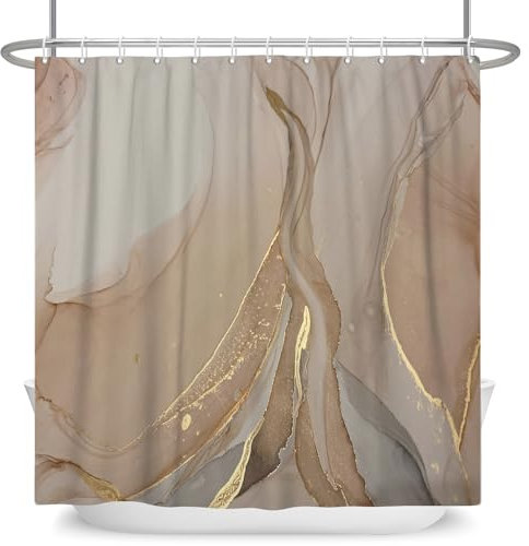 ASDCXZ Marmor Duschvorhang Braun 180x180 cm, Modern Abstrakt Braun Greu Gold Marmor Optik Textur Waschbar Bad Duschvorhänge Polyester Textil Wasserdicht Duschvorhang für Badewanne mit 12 Haken