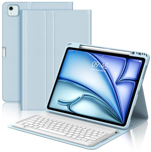 Funda con Teclado para iPad Air 13 Pulgadas (M3 2025, M2 2024), Teclado Bluetooth Inalámbrico Desmontable con Funda Protectora Delgada y Ranura para Bolígrafo para Tablet iPad Air 13, Azul Claro