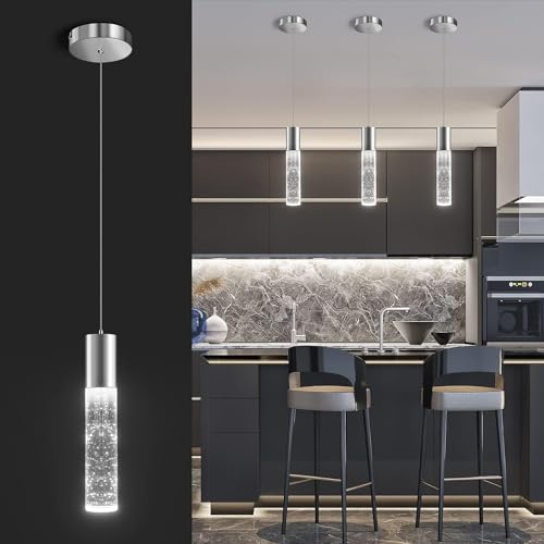 OKELI Moderne Pendelleuchte, LED Bubble Crystal Kücheninsel Leuchten Leuchten, Chrom Mini Single Island Lights Pendelleuchte für Kücheninsel, Bar, 220V, 6W, 6000K