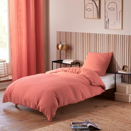 Parure de Lit en Gaze de Coton - pour Lit Une Place - Parure de Couette 140x200cm (Rose)