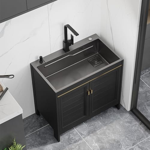 Fregadero de cocina, fregadero de cocina de una pieza, lavabo de acero inoxidable, fregadero multifuncional grande, fregadero de pie con mueble(Size:68 * 45cm)