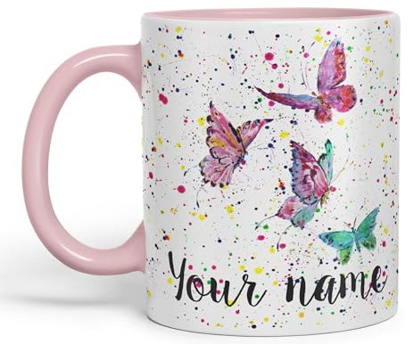 Vixar Personalised Mug with Your Text Name Butterfly Animals Watercolour Art Coloured Ceramic Mug Cup Gift 330ml 11oz Custom Work Office Tea Coffee (Pink)