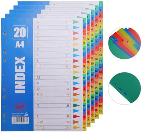 Rongxze 100 Blätter/5 Sätze Trennblätter A4, Register für Ordner A4 mit Zahlen 1-20 Index, Farbige Trennblätter für Ordner a4 aus PP für Ringbucheinlagen, Loseblatt Notizbuch (30x22.5cm)