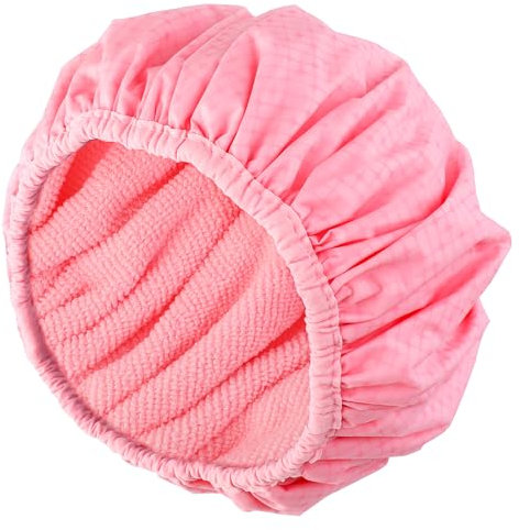Pink Shower Cap Waterproof Shower Hat Reusable Large Shower Cap Triple Layer Terry Cloth Lined Eva Exterior Hair Cap Large Bath Hair Cap for All Hair Lengths, Hotel Travel Essentials Accessories