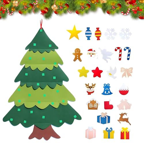 Cosiesnest Juego de manualidades de fieltro de Navidad, 95 cm de árbol de Navidad de fieltro con 25 adornos de hombre de jengibre, Papá Noel, copo de nieve, campanas para decoración de fiestas de