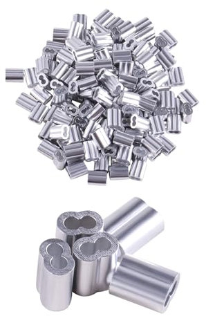 AOMIKITSTU Doppelhülsen 150 Stück, 4,9mm×8,9mm×1,3mm Aluminium Crimpschlaufe, Aluminium Pressklemmen, Quetschhülsen, Alu-Crimpschlaufe Würgeklemmen für Stahlseil/Drahtseil