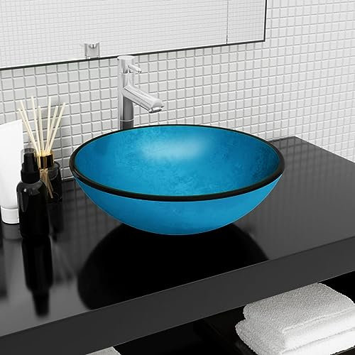 Brokky Waschbecken Hartglas 42x14 cm Blau Aufsatzwaschbecken Waschschale Waschtisch Handwaschbecken Bad Waschplatz Badezimmer