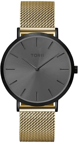 TORII Damenuhr Grau Edelstahl - rund Quarz B38GM.AB Milanaise-Armband Strichindizes wasserdicht 50 m