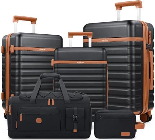 UKEIN Kofferset 5 Teilig Leicht 100% PC Reisekoffer mit Rollen Trolley & TSA Schloss,Hartschalenkoffer Set,Trolley Handgepäck Mit 1 Reisetasche und 1 Kulturbeutel (Schwarz, Kofferset 5tlg)
