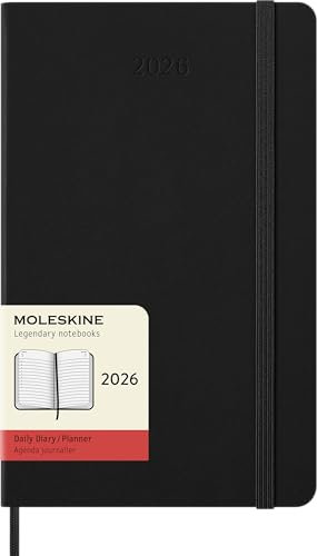 Moleskine Tagesplaner, Tagesagenda 2026 12 Monate, Mit Festem Einband und Elastischem Verschluss, Großformat 13x21, Farbe Schwarz