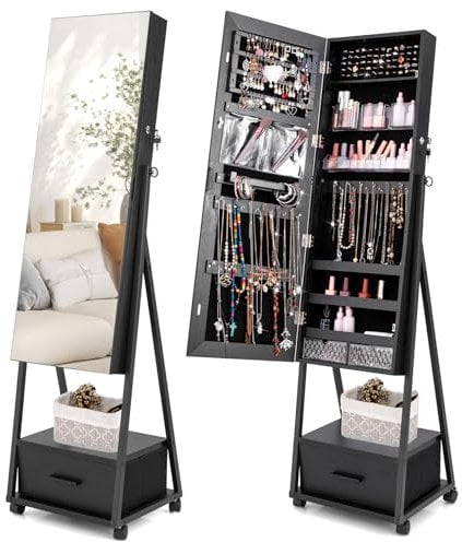 RELAX4LIFE Schmuckschrank mit Spiegel & Rollen, Spiegelschrank 360° Drehbar & Freistehend, Abschließbarer Schmuckorganizer mit Schubladen, Schmuckregal für Ohrringe Kette Ringe Kosmetik (Schwarz)