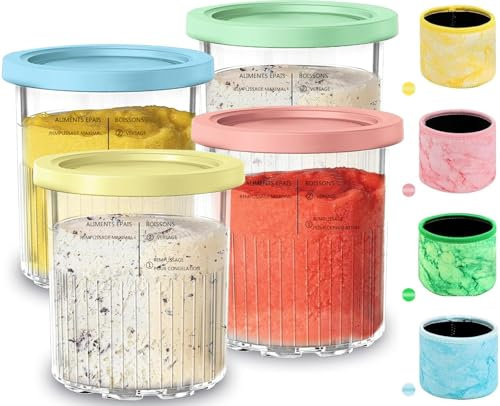 Lot de 4 récipients Creami pour sorbetière Ninja Creami - Accessoires pour la série NC501 - Sans BPA - Passe au lave-vaisselle - Anti-fuite - En rose, vert, gris et bleu