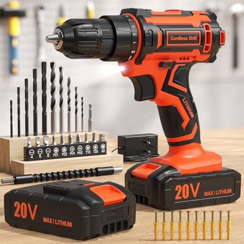 VIWKO Cordless Drill Set, 20V Electric Drill with Battery 2.0Ah, Cordless Screwdriver with Battery & Charger, 3/8 Keyless Chuck, 42 Pcs Accessories, Tool Kits for Home DIY