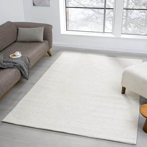 VIMODA Teppich Wohnzimmer Teppich Schlafzimmer, Flur, küche Kurzflor Orient Design Vintage Hoch-Tief-Effekt Modern 3D Weich, Farbe:Creme, Maße:240 x 330 cm