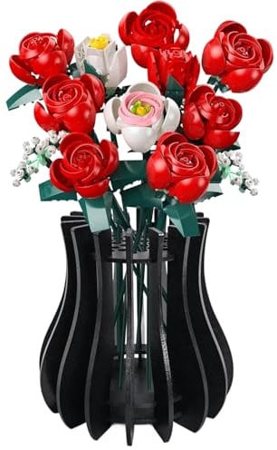 Vaso per bouquet di fiori Lego, vaso puzzle in legno, vasi di fiori creativi per rose Lego, fiori di ciliegio, girasoli, tulipani, narcisi, regalo per gli amanti dei fiori (nero)